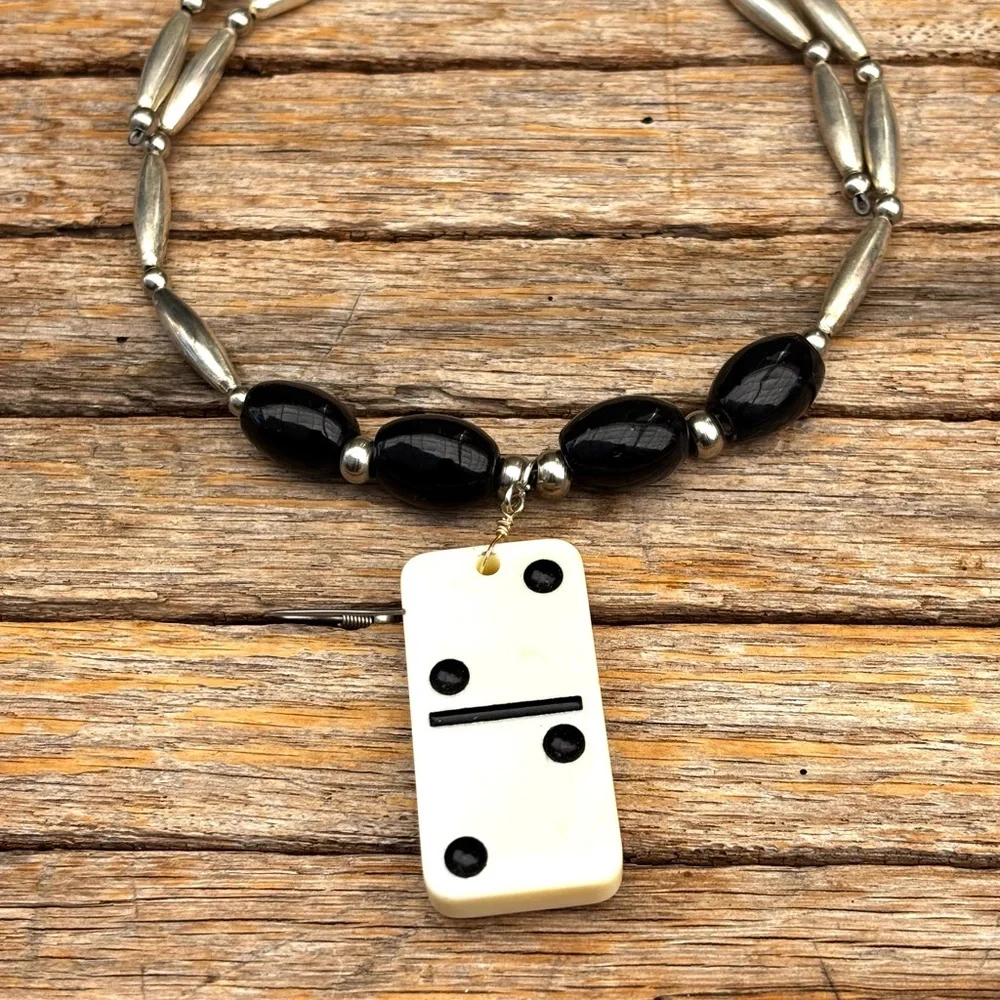 Handcrafted Black Bead Necklace with Domino Pendant